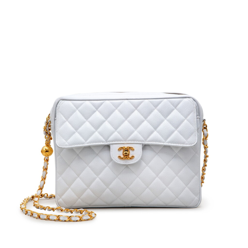 View full screen - View 1 of Lot 233. White Quilted Caviar Large Timeless Flap Camera Case Gold Hardware, 1991-1994.