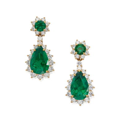 View full screen - View 1 of Lot 107. Pair of Emerald and Diamond Pendant-Earrings.