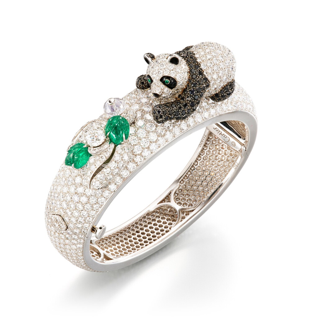View full screen - View 1 of Lot 1874. 'Saynete Panda Décor' Limited Production Diamond, Black Sapphire, Emerald, Onyx and Enamel Secret Bangle-watch | 卡地亞 | 'Saynete Panda Décor' 限量出產 鑽石 及 黑色剛玉 配 祖母綠,縞瑪瑙 及 琺瑯彩 腕錶.