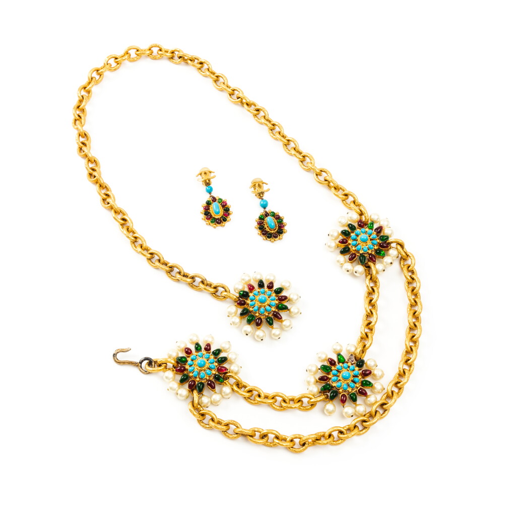 View full screen - View 1 of Lot 376. Set of Two : A Belt with Flowers, Faux Pearls and Cabochons with Matching Pair of Pendant Earrings Clip, Fall 1993.