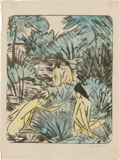 View full screen - View 1 of Lot 21. Waldsee mit drei badenden und einem sitzenden Mädchen 2.