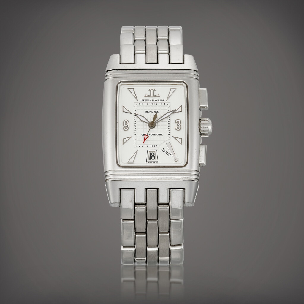 View full screen - View 1 of Lot 2191. Reverso Gran’ Sport, Reference 295.8.59 | A stainless steel reversible chronograph bracelet watch with date and retrograde chronograph register, Circa 2000 | 積家 | Reverso Gran’ Sport 型號295.8.59 | 精鋼可翻轉計時鏈帶腕錶,備日期顯示及逆跳計時小錶盤,約2000年製.