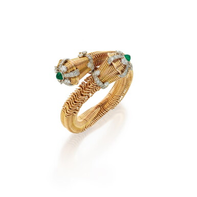 View full screen - View 1 of Lot 206. Boucheron | Gold, Emerald and Diamond Bracelet, France 寶詩龍 黃金鑲祖母綠及鑽石手鏈,法國.