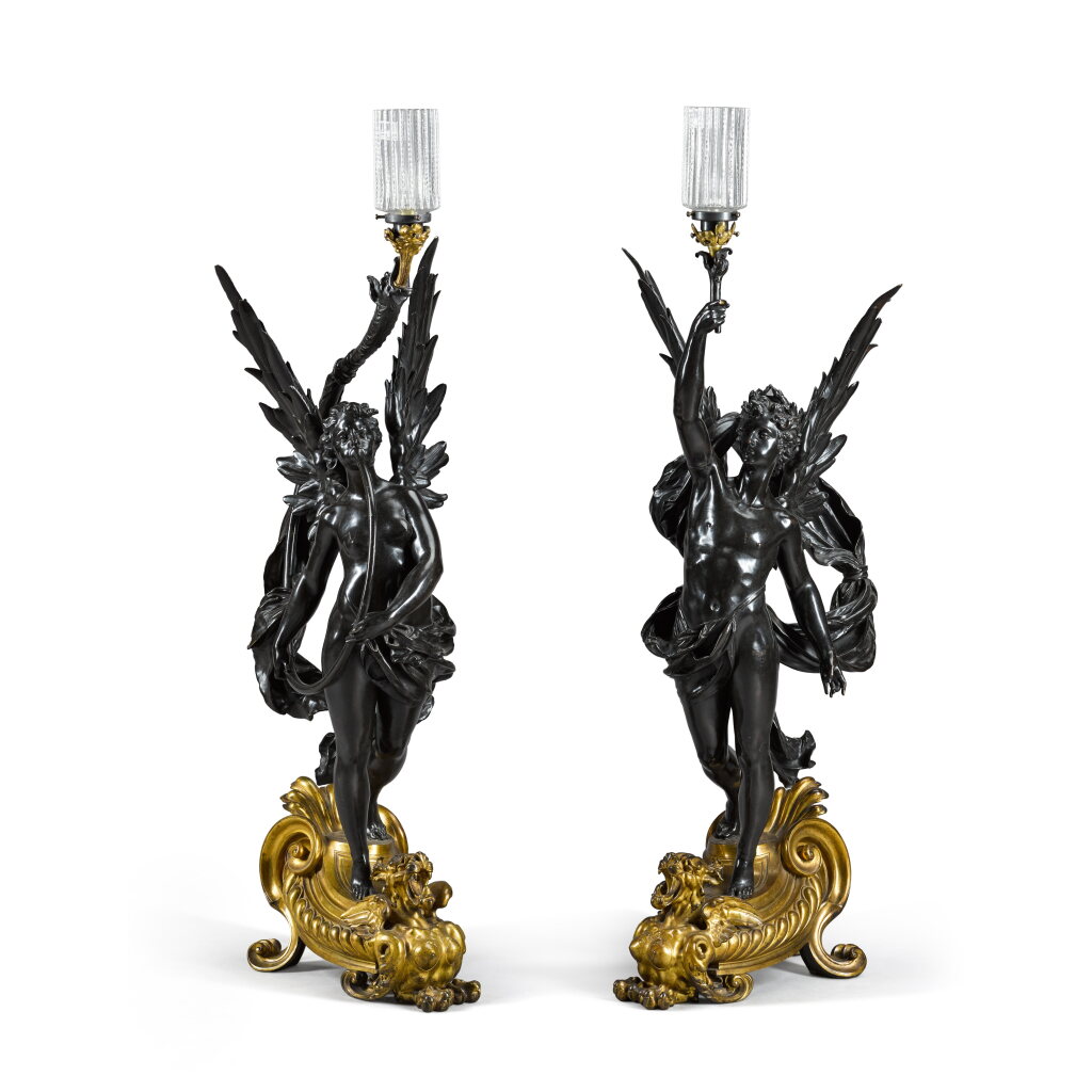 View full screen - View 1 of Lot 92. A large pair of Napoleon III gilt and patinated bronze figural torchères, Paris, stamped Bouchon, Paris, circa 1900.