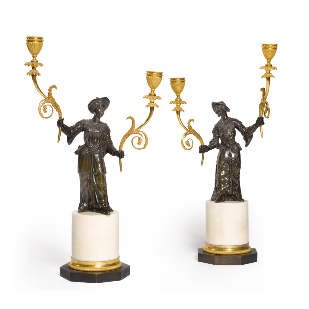 View full screen - View 1 of Lot 108. A pair of gilt and patinated bronze figural candelabra, late 18th century.
