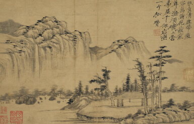 View full screen - View 1 of Lot 9102. 倪瓚(款) 岩巒小屋 |Attributed to Ni Zan, Landscape.