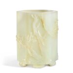 A white jade 'floral' hexagonal brushpot, 19th / 20th century | 十九 / 二十世紀 白玉雕花卉紋六方筆筒