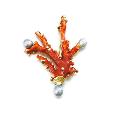 View full screen - View 1 of Lot 250. Coral, cultured pearl and diamond brooch | Broche corail, perles de culture et diamants.