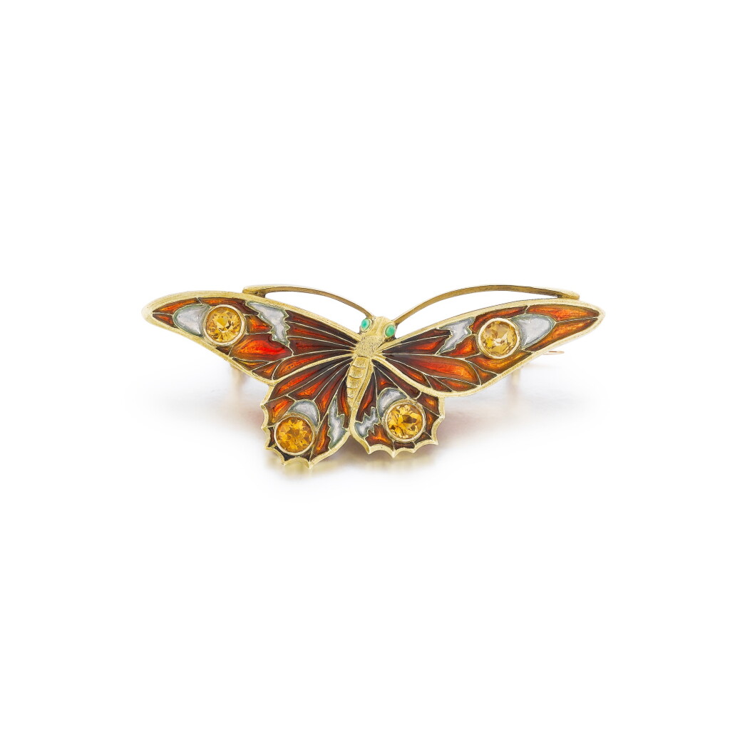 View full screen - View 1 of Lot 28. Eugène Feuillâtre | Broche émail et citrines | Enamel and citrine brooch.