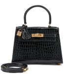 Vintage Black Shiny Porosus Crocodile Mini Kelly 20 I 18K Yellow Gold and Diamond Hardware, 1990s
