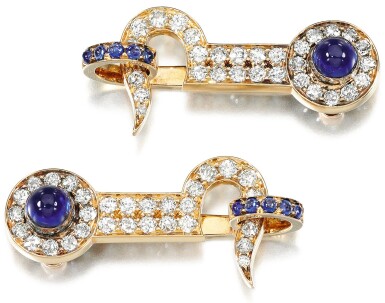 View full screen - View 1 of Lot 126. PAIR OF SAPPHIRE AND DIAMOND CUFFLINKS, CWS & SONS.