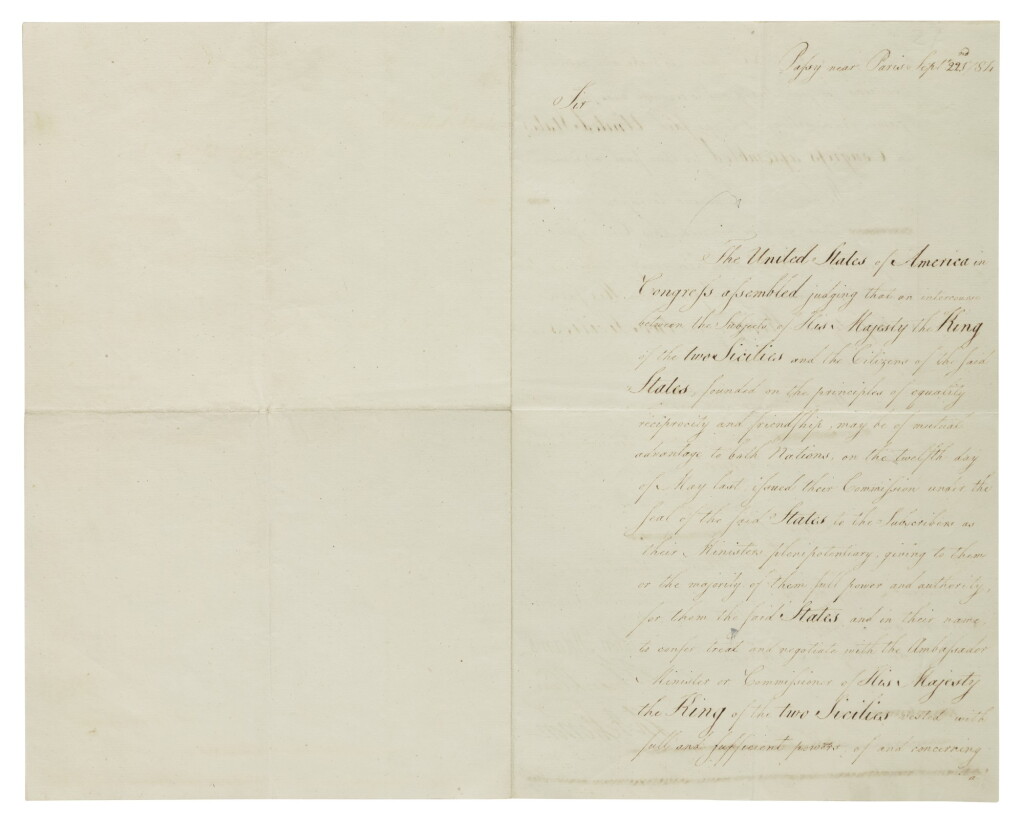 Voir en plein écran - Voir 1 du lot 166. BENJAMIN FRANKLIN, JOHN ADAMS, AND THOMAS JEFFERSON | The American ministers plenipotentiary charged with negotiating treaties of amity and commerce with European nations approach the King of the Two Sicilies .