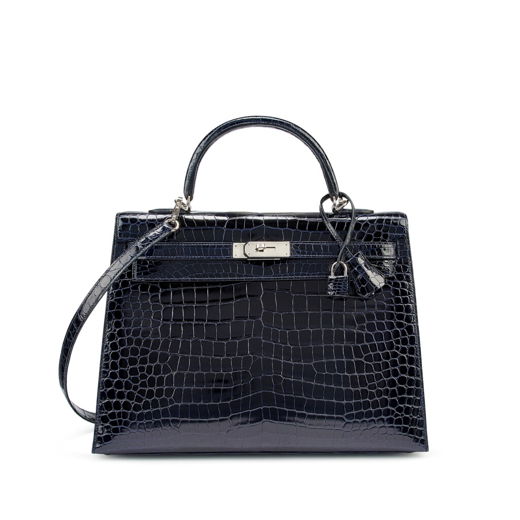 View full screen - View 1 of Lot 7767. Bleu Marine Shiny Porosus Crocodile Kelly 35 Sellier Palladium Hardware, 2013.