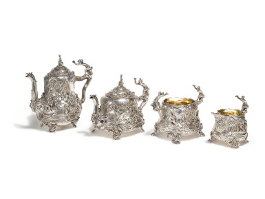 View full screen - View 1 of Lot 335. An Assembled Victorian Silver Teniers Pattern Four-Piece Tea and Coffee Set, Edward Farrell and John Figg, London, 1839, 1851-52.