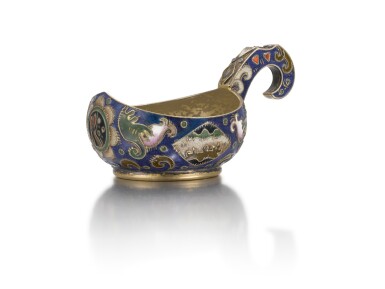 View full screen - View 1 of Lot 183. A silver-gilt and shaded cloisonné enamel miniature kovsh, workmaster Feodor Rückert, Moscow, 1908-1917.