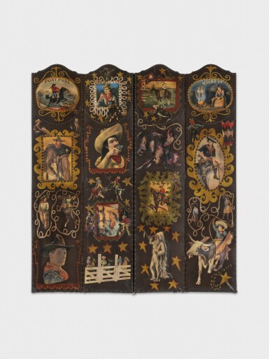 View full screen - View 1 of Lot 113. Western Themed Découpage Four Panel Folding Screen.