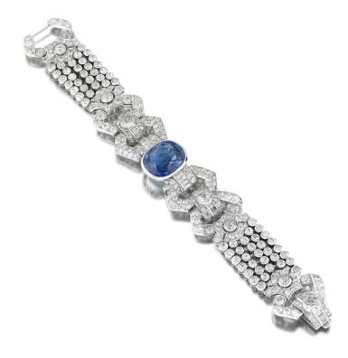 View full screen - View 1 of Lot 151. Bracelet saphir et diamants | Sapphire and diamond bracelet.