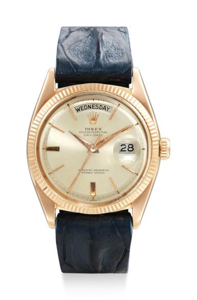 View full screen - View 1 of Lot 8054. ROLEX | DAY-DATE, REFERENCE 6611B, A PINK GOLD WRISTWATCH WITH DAY AND DATE, CIRCA 1958.