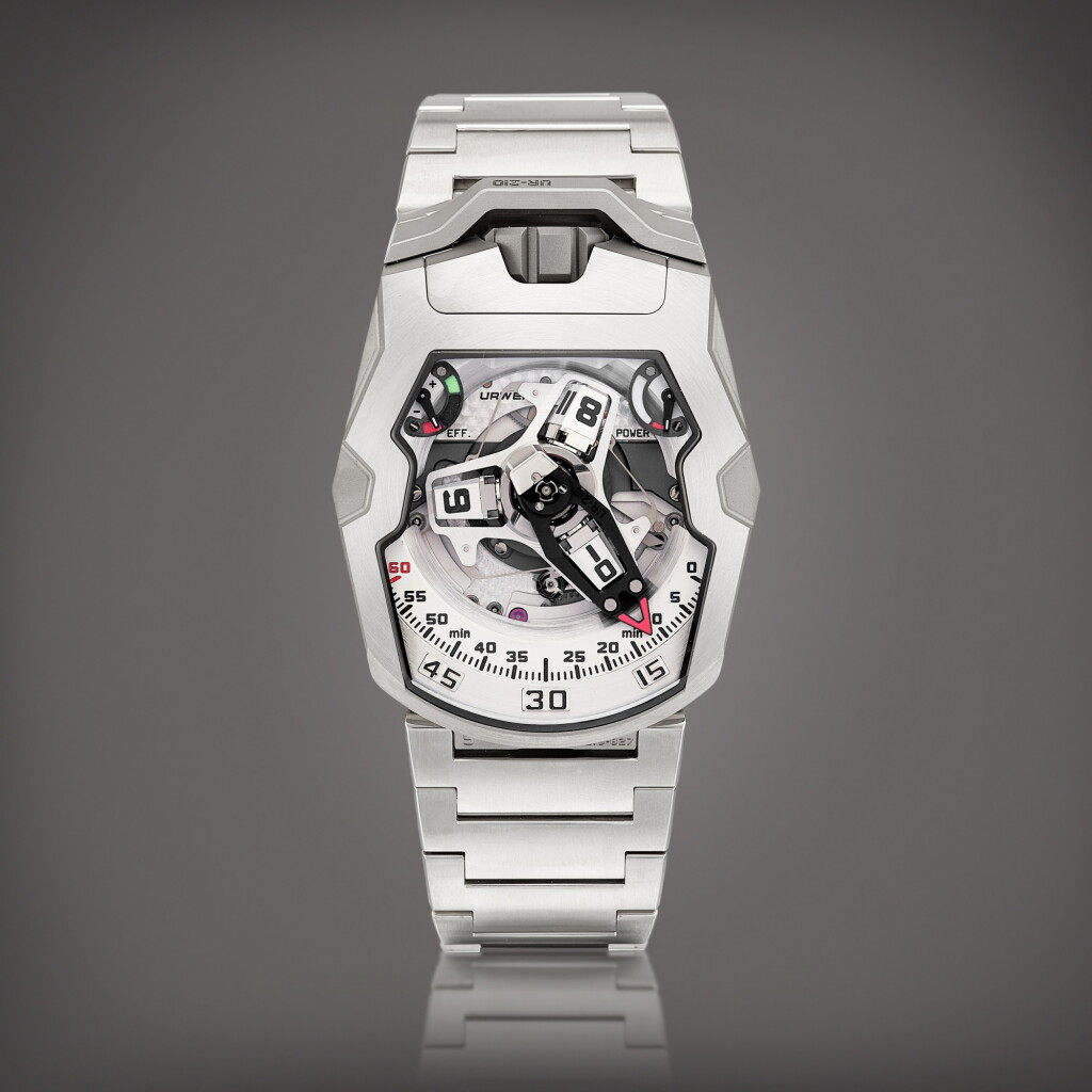 View full screen - View 1 of Lot 2157. Reference UR-210 A limited edition stainless steel and titanium semi-skeletonised revolving satellite wristwatch with retrograde minute, power reserve and winding efficiency indication, Circa 2018 | 型號UR-210 限量版精鋼及鈦金屬半鏤空衛星時刻腕錶,備逆跳分鐘、動力儲備及上弦效率顯示,約2018年製.