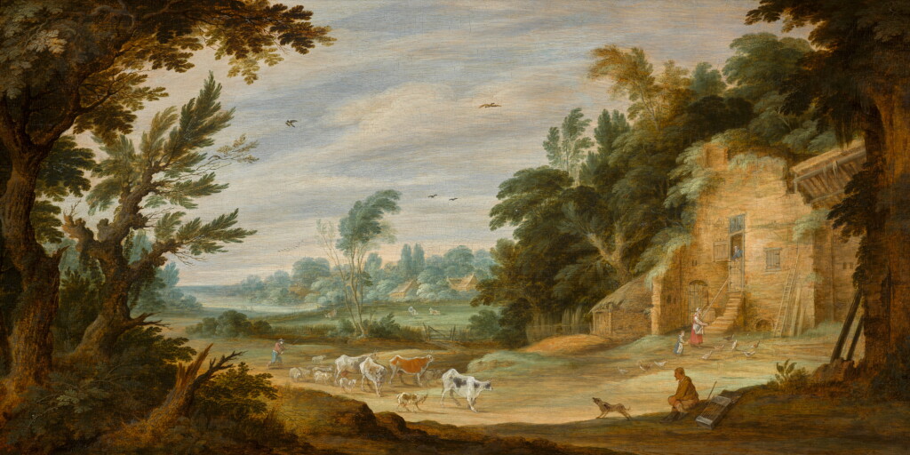View full screen - View 1 of Lot 36. ALEXANDER KEIRINCX | Landscape with a herder and his cows on the edge of a wood, with a mother and child feeding chickens beside a building.