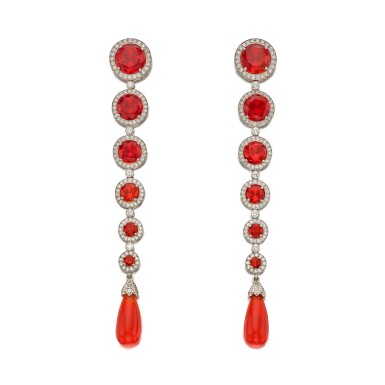 View full screen - View 1 of Lot 11. Tiffany & Co | Pair of Fire Opal and Diamond Pendant-Earrings 蒂芙尼 火蛋白石配鑽石耳墜一對.