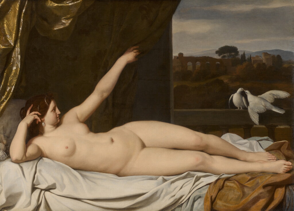View full screen - View 1 of Lot 160. Venus reclining in an arcadian landscape with two doves.