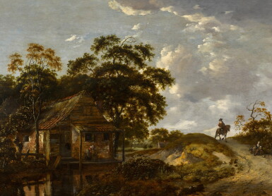 View full screen - View 1 of Lot 153. Landscape with a cottage by a river and a woman scouring a pot, a gentleman on horseback on a path.