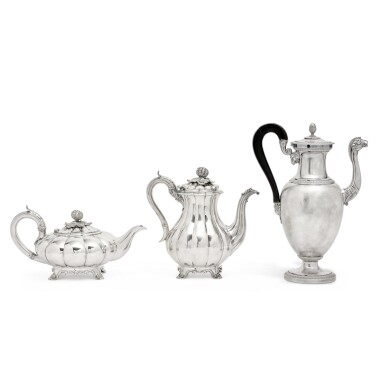View full screen - View 1 of Lot 514. A George III Silver Teapot And Coffee Pot, Rebecca Emes & Edward Barnard, London, 1828.