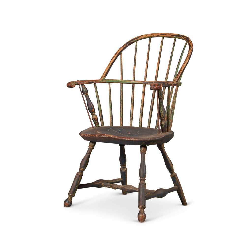 View full screen - View 1 of Lot 621. Brown-Painted Sack-Back Windsor Knuckle Armchair, Lancaster County, Pennsylvania, Circa 1780.