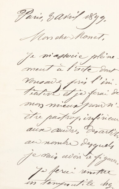 View full screen - View 1 of Lot 24. Lettre autographe signée à Claude Monet, 3 avril 1899. Au sujet d'une vente de tableaux au profit des enfants d'Alfred Sisley..