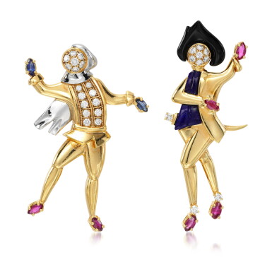 View full screen - View 1 of Lot 98. Pair of gem set and diamond brooches, 'Commedia dell'arte'.