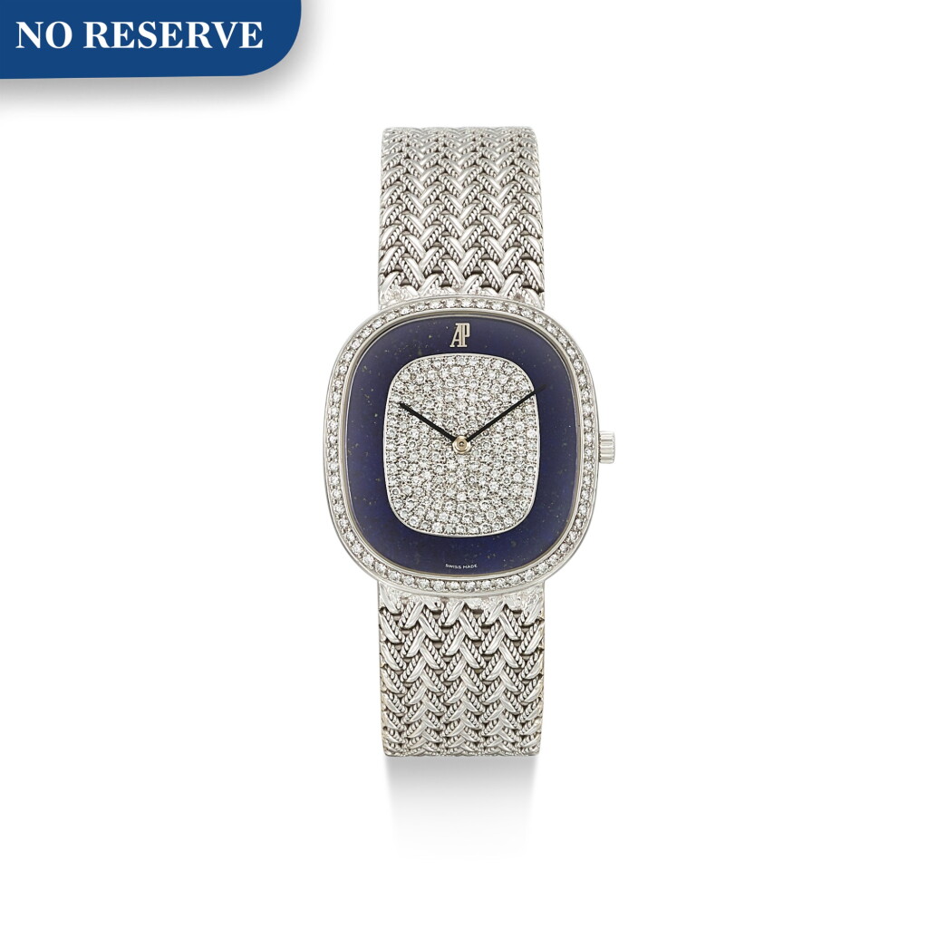 View full screen - View 1 of Lot 8132. AUDEMARS PIGUET | REFERENCE 14653BC | A WHITE GOLD AND DIAMOND-SET BRACELET WATCH WITH LAPIS LAZULI DIAL, CIRCA 2000 | 愛彼 | 型號14653BC 白金鑲鑽石鏈帶腕錶,備青金石錶盤,約2000年製.