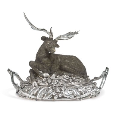 View full screen - View 1 of Lot 925. AN ITALIAN SILVER MEAT DISH WITH DEER-FORM COVER, FLORENCE, 20TH CENTURY.