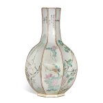 A rare and large inscribed 'Qianjiang' 'bird and flower' octagonal vase, Republic period | 民國 淺絳彩花鳥圖詩文八方大長頸瓶