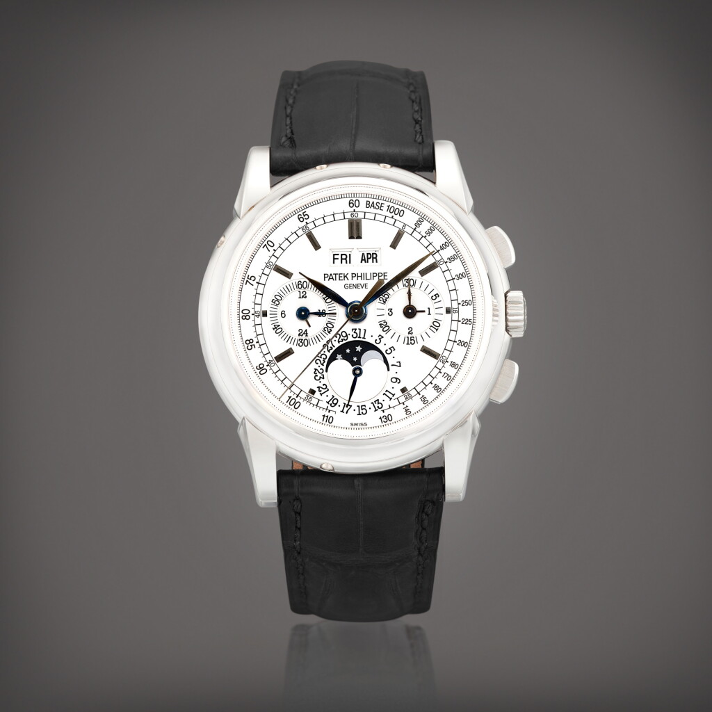 View full screen - View 1 of Lot 2296. Reference 5970 | A white gold perpetual calendar chronograph wristwatch with day, date, moon phases, 24 hours and leap year indication, Circa 2007 | 百達翡麗 | 型號5970 | 白金萬年曆計時腕錶,備日期、星期、月相、24小時及閏年顯示,約2007年製.
