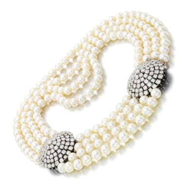 View full screen - View 1 of Lot 218. Cultured pearl and diamond necklace.