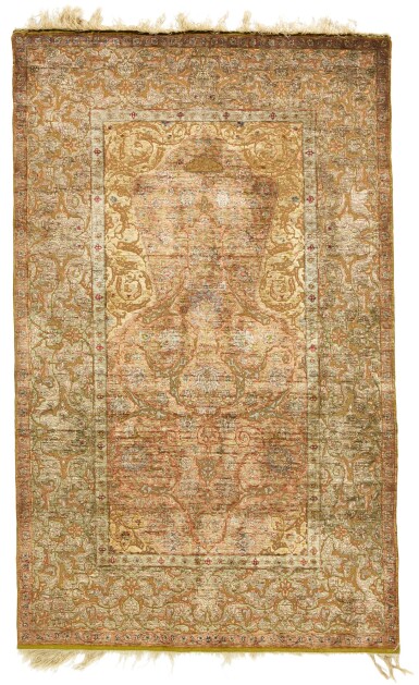 View full screen - View 1 of Lot 139. A Kum Kapi silk niche rug with silk and metal thread brocading, Istanbul, Turkey, attributed to Zareh Penyamin, circa 1900.