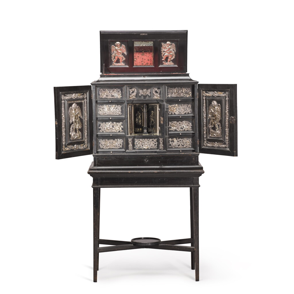 View full screen - View 1 of Lot 25. A Flemish repoussé-silver-mounted ebony and ebonised cabinet, probably Antwerp, mid-17th century.