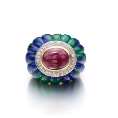 View full screen - View 1 of Lot 35. Azurmalachite, Ruby and Diamond Ring.