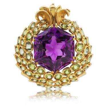 View full screen - View 1 of Lot 1083. Amethyst and peridot brooch, 'Grenade', circa 1950.