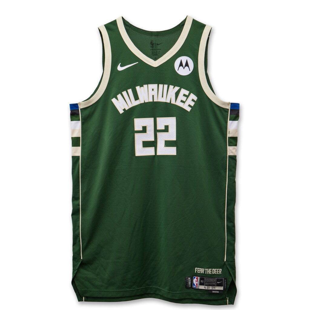 View full screen - View 1 of Lot 139. Khris Middleton Milwaukee Bucks 2024 NBA Playoffs First Round Game Worn Icon Edition Jersey | Game 1 | Double-Double.