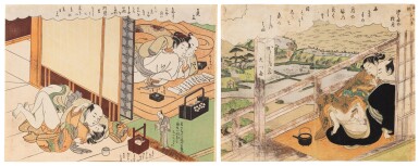 View full screen - View 1 of Lot 24. Attributed to Suzuki Harunobu (1725-1770) | Two shunga woodblock prints | Edo period, 18th century.
