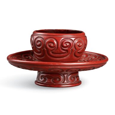 View full screen - View 1 of Lot 611. A cinnabar 'tixi' lacquer cup stand, Yuan dynasty 元 朱面剔犀盞托.