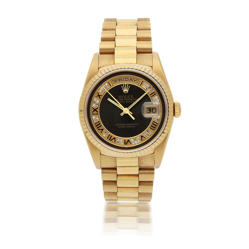 View full screen - View 1 of Lot 133. ROLEX | DAY-DATE, REF 18238 YELLOW GOLD WRISTWATCH WITH DAY, DATE AND BRACELET CIRCA 1995 .