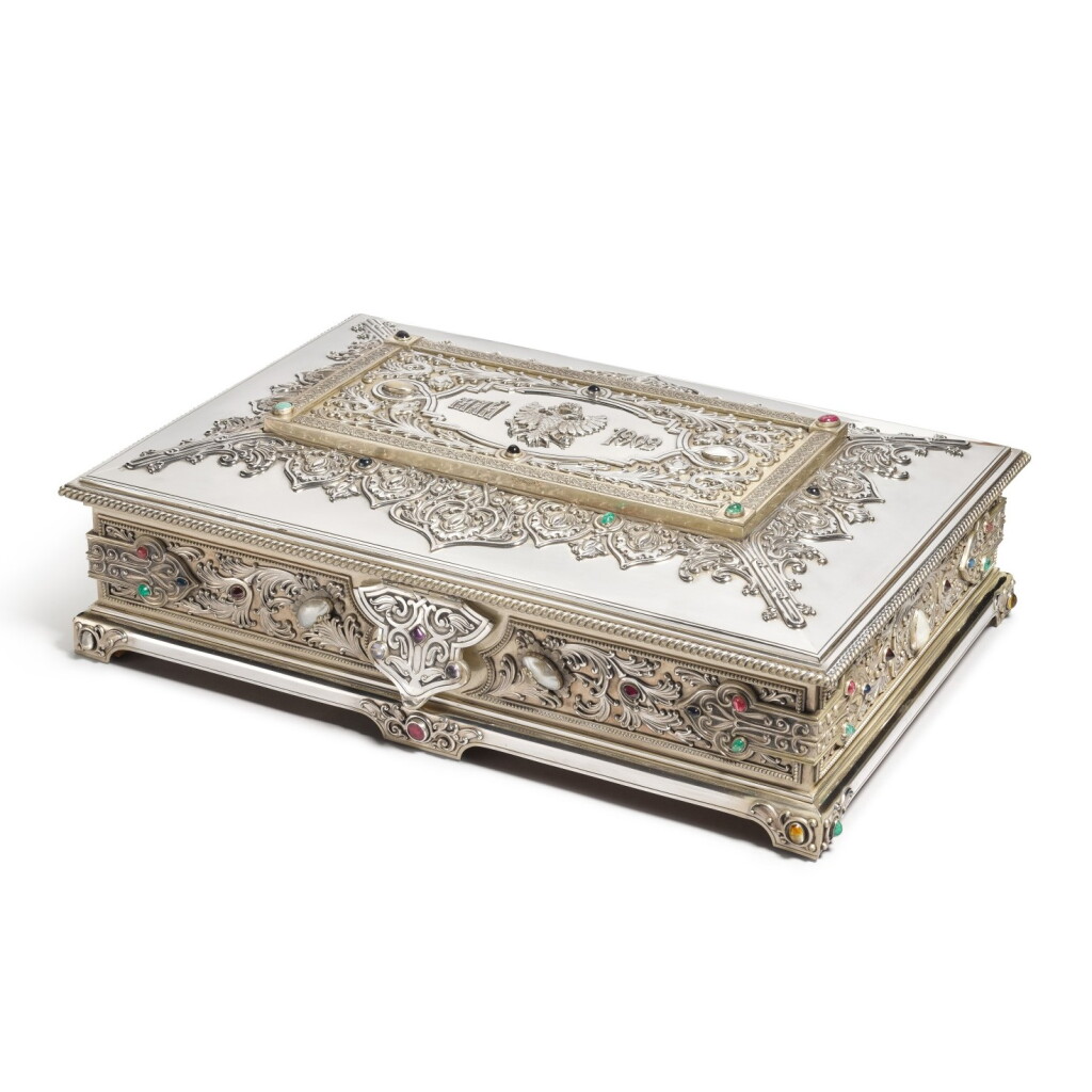 View full screen - View 1 of Lot 43. An important Fabergé gem-set silver imperial presentation casket, Moscow, circa 1902.
