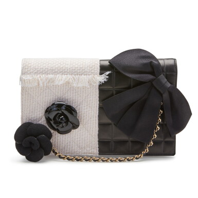 View full screen - View 1 of Lot 150. White Tweed and Black Lambskin Trifold Chocolate Bar Clutch Gold Hardware, 1990's/2000's.