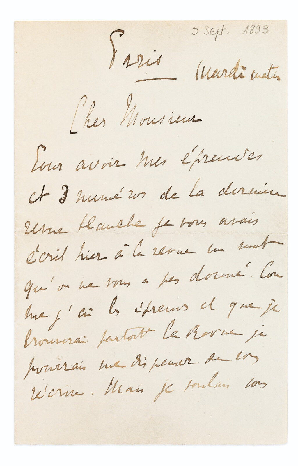 View full screen - View 1 of Lot 278. Lettre à Thadée Natanson, directeur de la Revue Blanche (sept. 1893), 4 p., sur ses contributions futures.