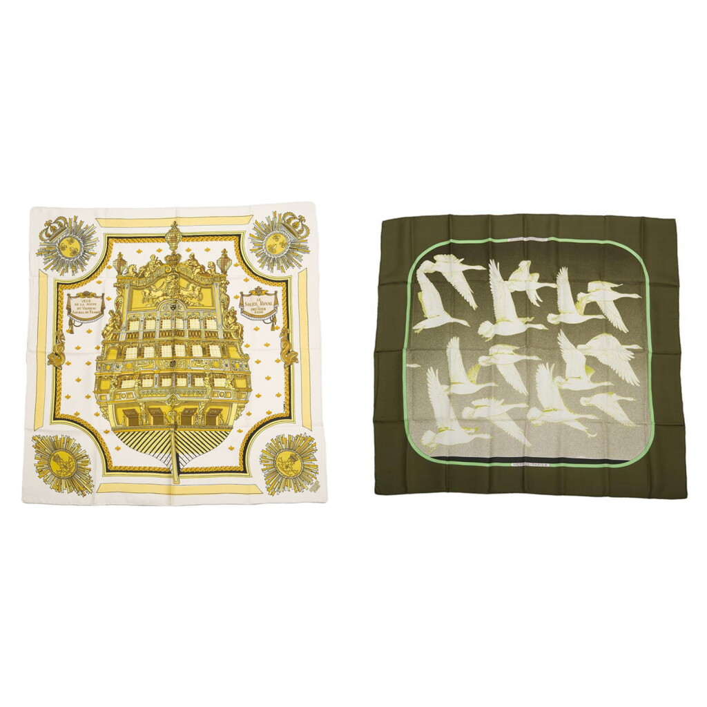 View full screen - View 1 of Lot 162. Hermès Set of Two Scarves 90cm of Silk Twill: "Oiseaux Migrateurs" and "Le Soleil Royal" .