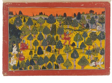 View full screen - View 1 of Lot 63. A group of five illustrations from the Ramayana, India, Mandi, circa 1770.