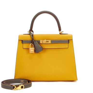 View full screen - View 1 of Lot 84. Jaune Ambre and Etoupe Togo HSS Kelly 25 Sellier Brushed Gold Hardware, 2019.